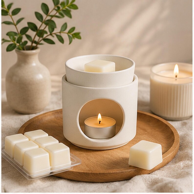 May include: A cream-colored ceramic wax warmer with a lit tea light candle inside. A wax melt sits in the top dish. Additional wax melts are in a clear plastic container. A lit candle and a small vase with greenery are also present.