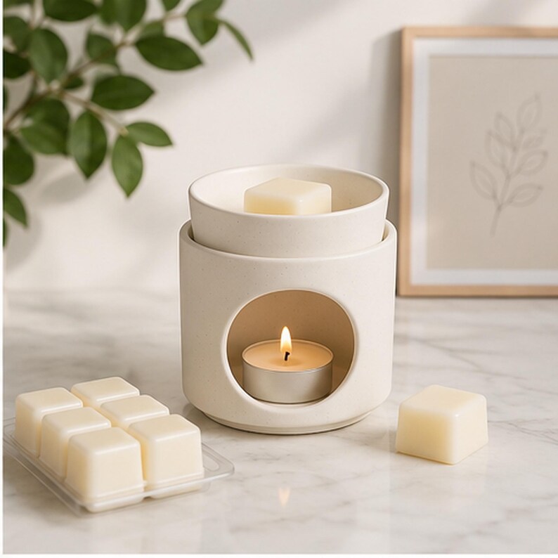 May include: A cream-colored ceramic wax warmer with a lit tea light inside. The warmer has a round opening and a dish on top holding a wax melt. A tray of wax melts and a single wax melt are also visible.