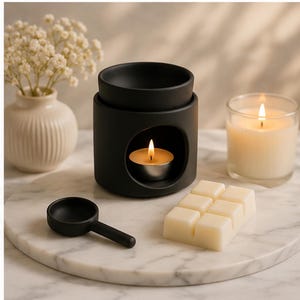 Może przedstawiać: Czarny ceramiczny podgrzewacz do wosku z zapaloną świeczką typu tealight, małą czarną łyżką i woskami zapachowymi. Obecna jest również zapalona świeca w szklanym słoiku i mały wazon z białymi kwiatami.