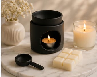 Black Ceramic Wax Warmer Set- includes spoon holder & Full- Size scented soy Wax Melt of your choice, Cozy evening ritual