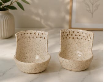 Handmade Ceramic Jewelry Dish, Berry Strainer style trinket bowl, speckled white holder, unique gift for her, self-care decor
