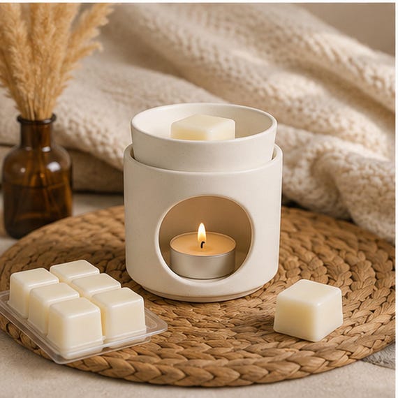 White Wax Melt Warmer Gift Set, Ceramic Home Fragrance Warmer with Tea Light Spoon Holder, Soft Luxury Self Care Gift