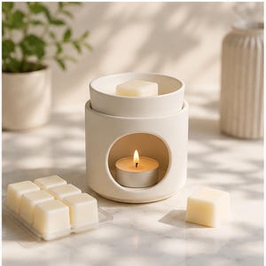 May include: A cream-colored ceramic wax warmer with a lit tea light candle inside. The warmer has a circular opening and a top dish holding a wax melt. Several wax melt cubes are in a clear plastic container.