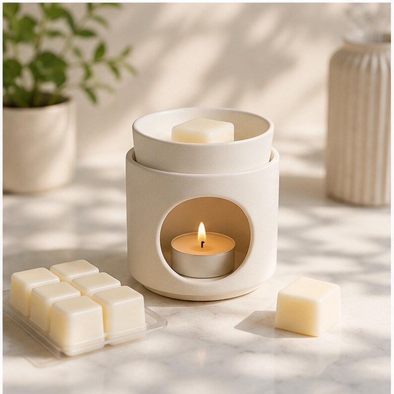May include: A cream-colored ceramic wax warmer with a lit tea light candle inside. The warmer has a circular opening and a top dish holding a wax melt. Several wax melt cubes are in a clear plastic container.