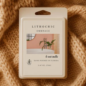 May include: A package of wax melts with the text "LITHOCHIC EMBRACE". The label features an image of a bathroom scene. The package contains 6 wax melts and weighs 2.47 oz (70g).