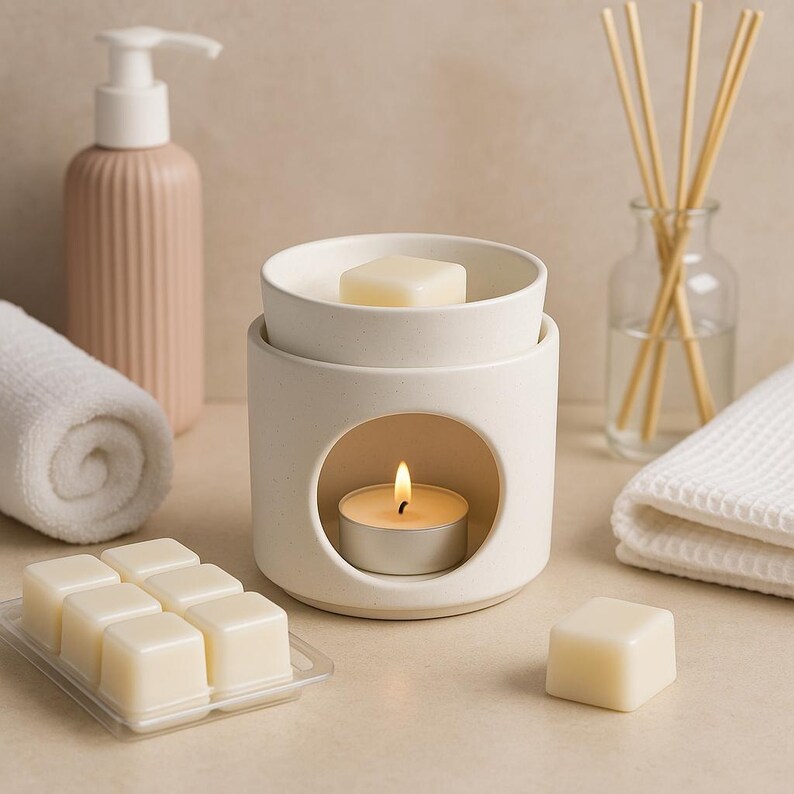 May include: A white ceramic wax warmer with a lit tea light candle inside. A white wax melt sits in the top dish. Additional wax melts are in a clear plastic container. A pink bottle and rolled white towel are in the background.