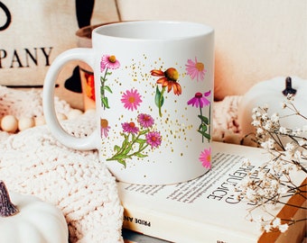 Echinacea Coffee, Hot Chocolate, Tea Mug, Floral Design, Nature-themed Illustrated Drinkware