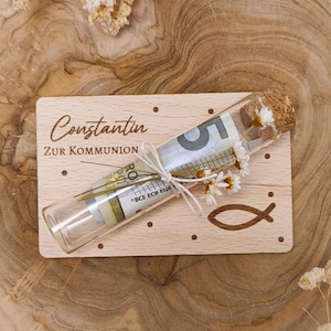 Geldgeschenk mit Name aus Holz zur Kommunion/Taufe/Konfirmation/Wunscherfüller/personalisiert/Engel/Fisch/Regenbogen/Boot/Taube, Reagenzglas