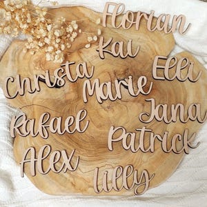Namen Holz, Namensschilder Holz, Tischkarten Hochzeit, Geburtstag, Taufe, Kommunion, Platzkarten, Tischnamen,  Schriftzug aus Holz,