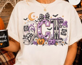 Halloween CT Tech T-Shirt, Radiology Skeletons, Pumpkins & Bats