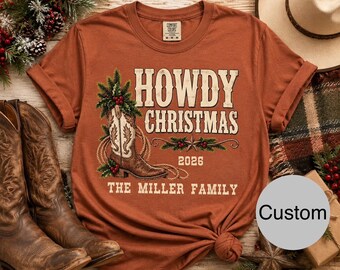 Personalized Western Christmas Shirt, Howdy Christmas Family Shirt, Custom Family Name Cowboy Christmas Tee, Matching Christmas Shirts 2026