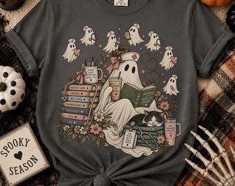 Halloween Nurse Shirt, Cozy Ghost Reading Stack T-shirt,  Fall Tee