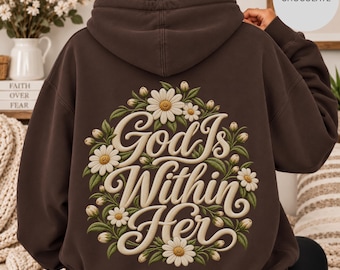 God Is Within Her Zip Up Hoodie, Faux Embroidered Floral Cross, Christian Faith Sweatshirt