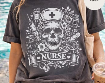 Skull Nurse Illustration T-shirt | Medical Skull Nurse Tee, Halloween RN tee
