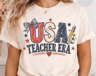 USA Teacher Era T-shirt | Patriotic Teacher Tee, Stars & Pencil Design