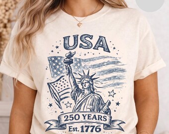 USA 250 Years Statue of Liberty Flag Illustration T-Shirt | Est. 1776