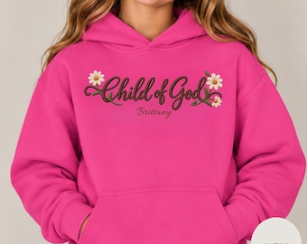 Christian Kids Sweatshirt, Personalized Name Child of God Hoodie, Floral Faith Youth Sweatshirt, Girl Gift.