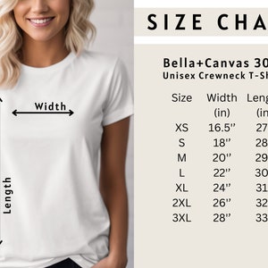 May include: Size chart for a Bella + Canvas 3001 unisex crewneck t-shirt. The chart shows the width and length in inches for sizes XS to 3XL.