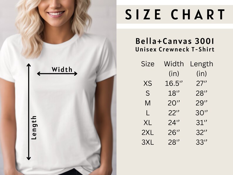 May include: Size chart for a Bella + Canvas 3001 unisex crewneck t-shirt. The chart shows the width and length in inches for sizes XS to 3XL.