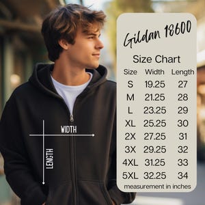 May include: Size chart for Gildan 18600 hoodies, showing width and length measurements in inches for sizes S through 5XL.
