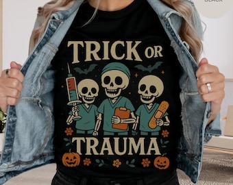 Halloween Nurse Shirt, Unisex Tee, Spooky Trick Or Trauma RN Top, Scary Costume Gift, Creepy Medical Halloween Apparel, Fall Nurse Shirt