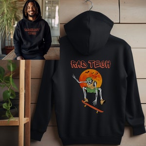 May include: Black hoodie featuring a skeleton skateboarding in front of a red moon with bats flying around it. The text "RAD TECH" is printed in orange above the image.
