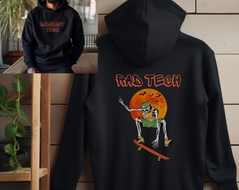May include: Black hoodie featuring a skeleton skateboarding in front of a red moon with bats flying around it. The text "RAD TECH" is printed in orange above the image.