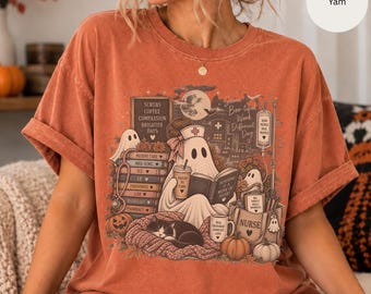 Nurse Shirt, Cozy Library Ghosts T-shirt | Halloween Reading Pumpkin Stack