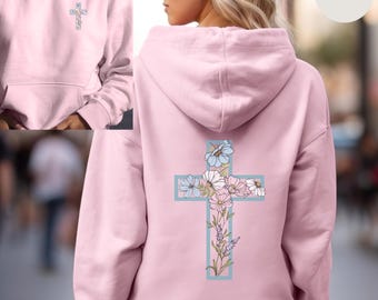 Boho Cross Hoodie, Christian Hoodie, Catholic Hoodie, Faith Sweater, Religious Hoodie, Women Flowers Cross Hoodie, Girl Floral  Hoodie Gift.
