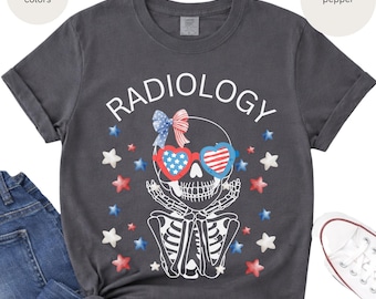 Patriotic Skull with Heart Sunglasses Radiology T-shirt | Fourth of July Bones Tee