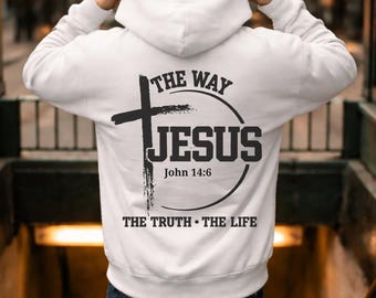 クリスチャン男性用十字架柄パーカー、ジップアップスウェットシャツ ヨハネ14:6