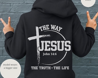 イエスの十字架の道 パーカー、ユース用フード付きスウェットシャツ、ヨハネによる福音書 14:6
