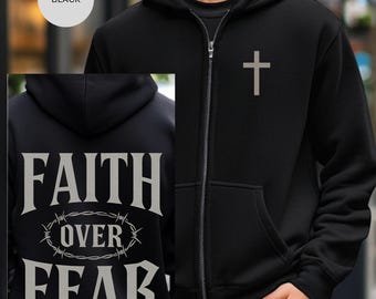 Sudadera cristiana con cremallera, Fe sobre el miedo - Sudadera unisex, Sudadera religiosa con cremallera completa, Chaqueta inspiradora con cremallera, Ropa cristiana,
