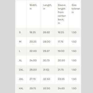 May include: A size chart for a garment, likely a shirt or top, with measurements in inches. The chart includes sizes S through 4XL, detailing width, length, sleeve length, and size tolerance. The background is a light beige.