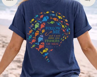 Christian Tee, Colorful Fish Heart Follow Me Shirt, Comfort Colors Religious T-Shirt