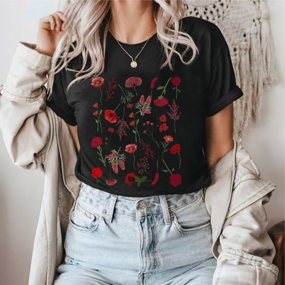 Red Flowers Short Sleeve Tee, Wildflower T-shirt, Bright