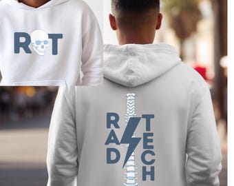 May include: White hoodie with a skull and the letters "R" and "T" on the front. The back of the hoodie has a spine with a lightning bolt and the letters "RADTECH" on it.