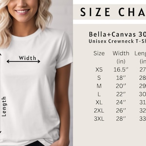 May include: A woman wearing a white Bella+Canvas 3001 Unisex Crewneck T-Shirt. The image includes a size chart with measurements in inches for XS to 3XL sizes. The chart shows width and length measurements for each size.