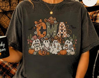 Spooky CMA Halloween Tee, Western Themed Pumpkin Ghosts, Cowboy Hat, Fall Cottagecore T-Shirt