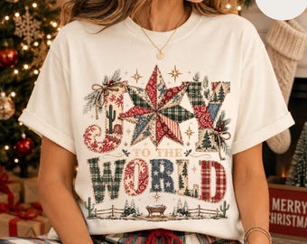 Christian Christmas Shirt, Joy to the World T-Shirt | Rustic Plaid Star Holiday Tee