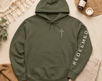 Redeemed Sleeve Print Hoodie, Christian Man Faith Sweatshirt, Cross Hoodie