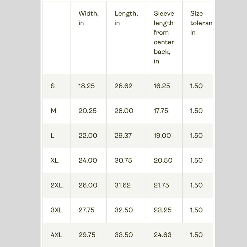 May include: A size chart for a garment, likely a shirt, with measurements in inches. The chart includes width, length, sleeve length, and size tolerance for sizes S through 4XL. The measurements are clearly displayed in a grid format.