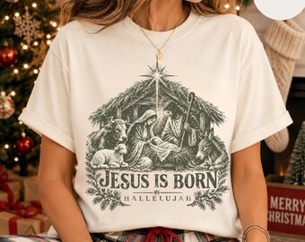 Christian Christmas Shirt, Nativity Scene Jesus Is Born T-shirt | Hallelujah Christmas Tee