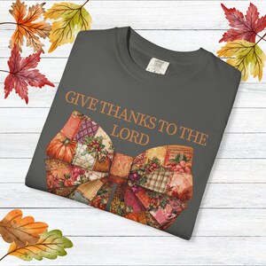 Christian Thanksgiving Unisex T-shirt, Give Thanks To The Lord Tee, Patchwork Bows Shirt, Religious Fall Clothing, Gratitude Apparel image 8