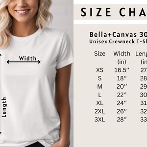 Op de afbeelding: Maattabel voor een Bella+Canvas 3001 unisex crewneck t-shirt. De tabel toont de breedte en lengte in inches voor maten XS tot 3XL.