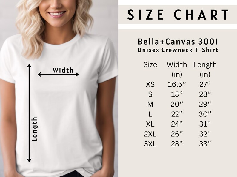 Op de afbeelding: Maattabel voor een Bella+Canvas 3001 unisex crewneck t-shirt. De tabel toont de breedte en lengte in inches voor maten XS tot 3XL.