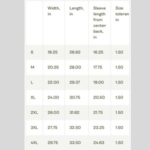 May include: A size chart for a garment, likely a shirt or top, with measurements in inches. The chart includes sizes S through 4XL, detailing width, length, sleeve length, and size tolerance. The background is a light beige.