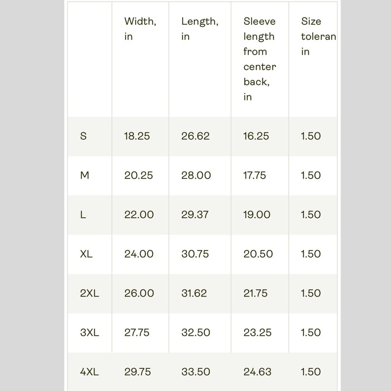May include: A size chart for a garment, likely a shirt or top, with measurements in inches. The chart includes sizes S through 4XL, detailing width, length, sleeve length, and size tolerance. The background is a light beige.