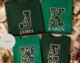 Custom Monogram Green Christmas Shirt, Personalized Santa Hat Initials Tee, Family Matching Tshirt.