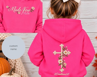 Personalized Toddler Sweatshirt, Floral Cross 2 Corinthians 5:17 Hoodie, Faux Embroidered, Christian Baptism Kids Gift